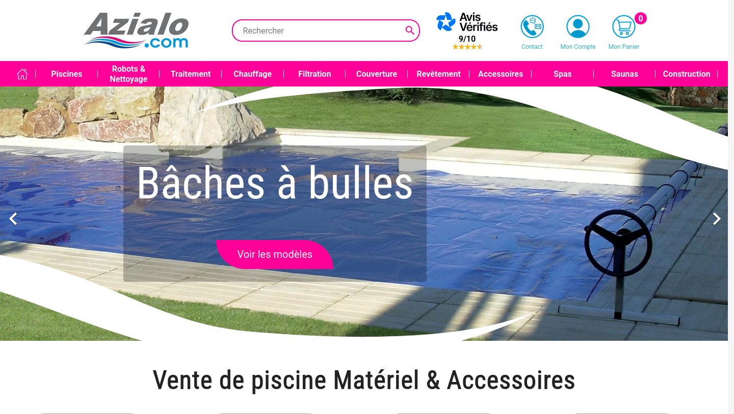Capture de la page d'accueil Azialo, vente de piscines et accessoires