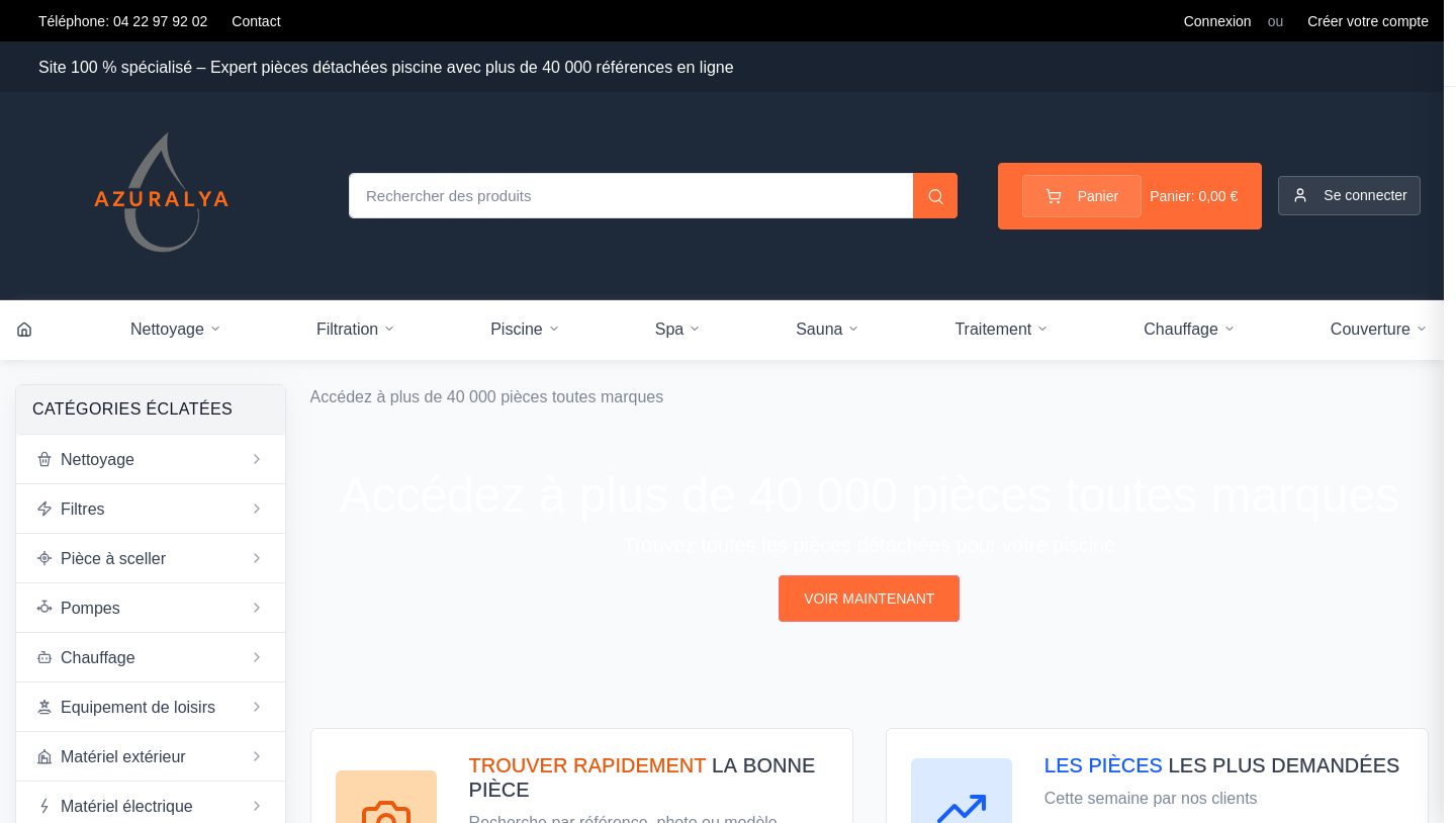 Capture de la page d'accueil Azuralya, pièces détachées pour piscine