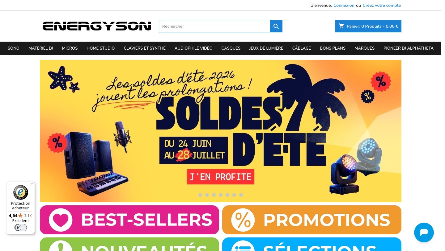 Capture de la page d'accueil Energyson, sonorisation et matériel de musique