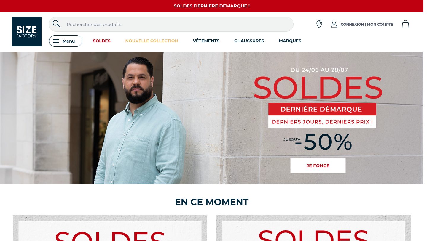 Capture de la page d'accueil Size Factory, boutique de mode grande taille